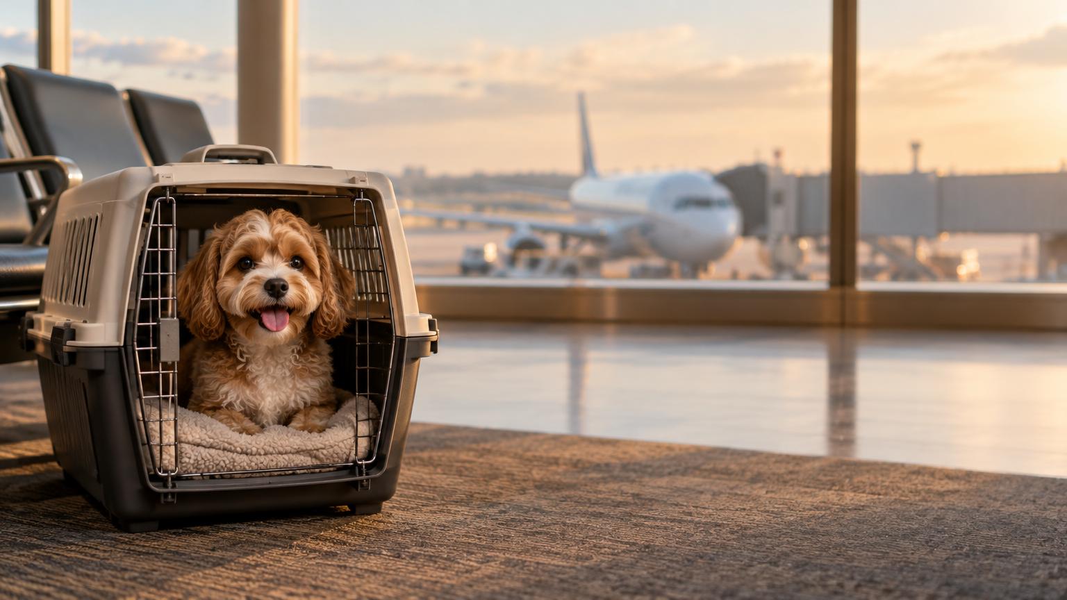 Cachorro dentro da caixa de transporte no aeroporto